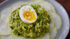 Read more about the article Shaved Kohlrabi with Smashed Avocado, Anchovies and Soft-boiled eggs